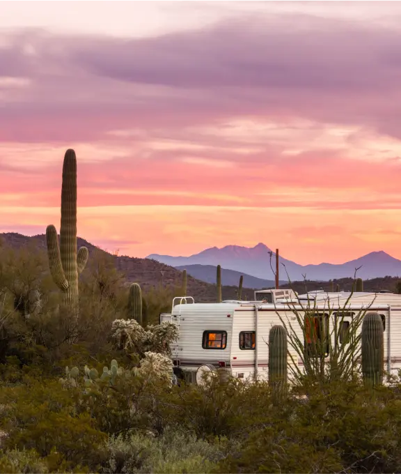 Sunset in Arizona with a cactus and RV in the foreground